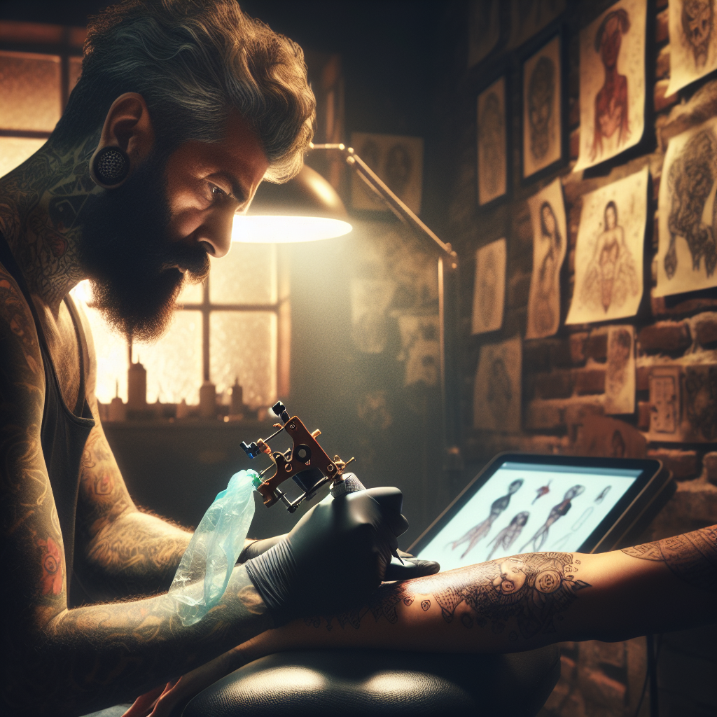 A human tattoo artist meticulously working on a client's arm, with a digital AI-generated design mock-up subtly visible and blurred in the background, highlighting the contrast between human skill and digital perfection.