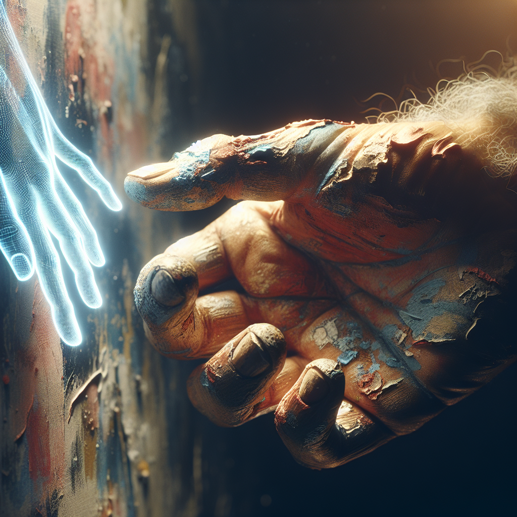 An extreme close-up of a human artist's textured, paint-splattered hand gently touching a glowing, pristine holographic projection of a digital brushstroke, emphasizing the contrast between human imperfection and AI perfection.